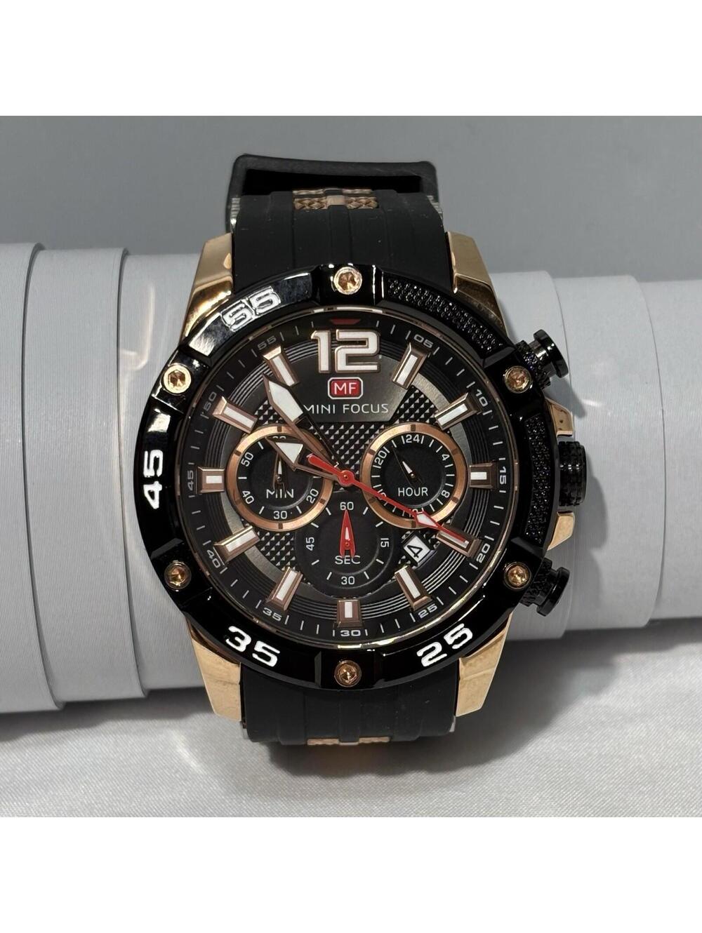 Mini Focus MF0349G Men's Sport Chronograph Watch Black Gold Silicone Band - New